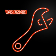 wrench neon sign, modern glowing banner design, colorful modern design trends on black background. Vector illustration.