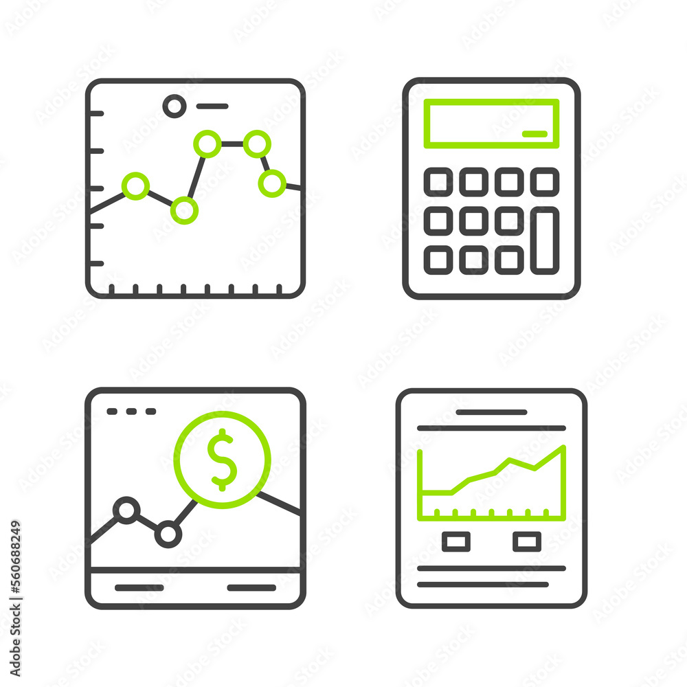 Poster set line website with growth graph, calculator and browser icon. vector