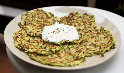 fried zucchini pancakes with greek yogurt