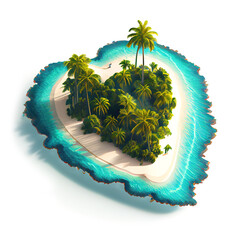 Isometric heart shaped tropical island isolated on white background with turquoise sea, white sand and palm trees as tropic paradise concept generative AI art
