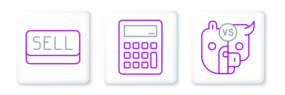 Set line Bull and bear of stock market, Sell button and Calculator icon. Vector
