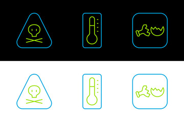 Set line Broken flask, Triangle warning toxic and Medical thermometer icon. Vector