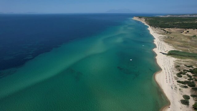 Enez Beach in Gulf of Saros (Saros Bay). Aerial view of sea. Tropical landscape with clear turquoise water. 
