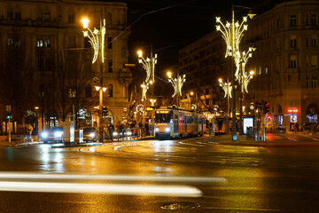 Nightlife, cityscape with a Tram at Budapest