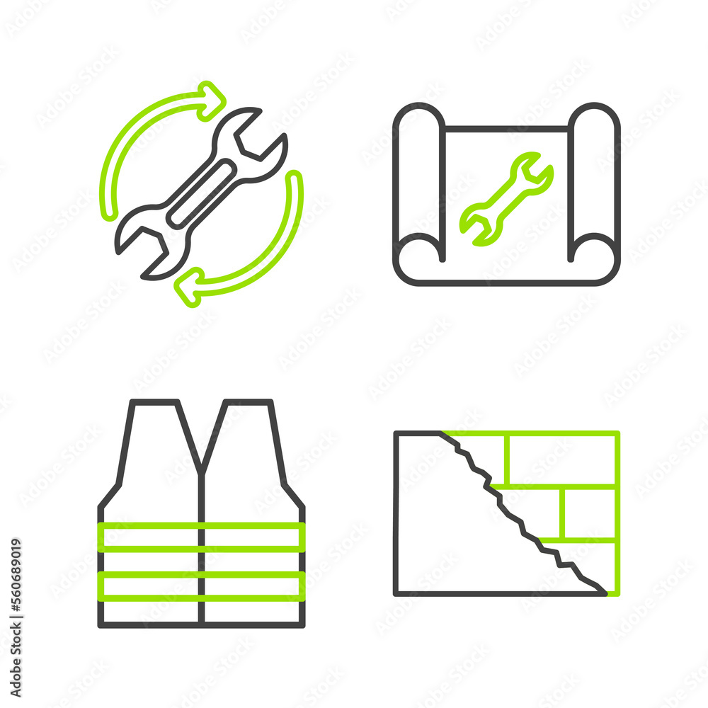 Poster set line bricks, safety vest, graphing paper and wrench and wrench arrows as workflow icon. vector