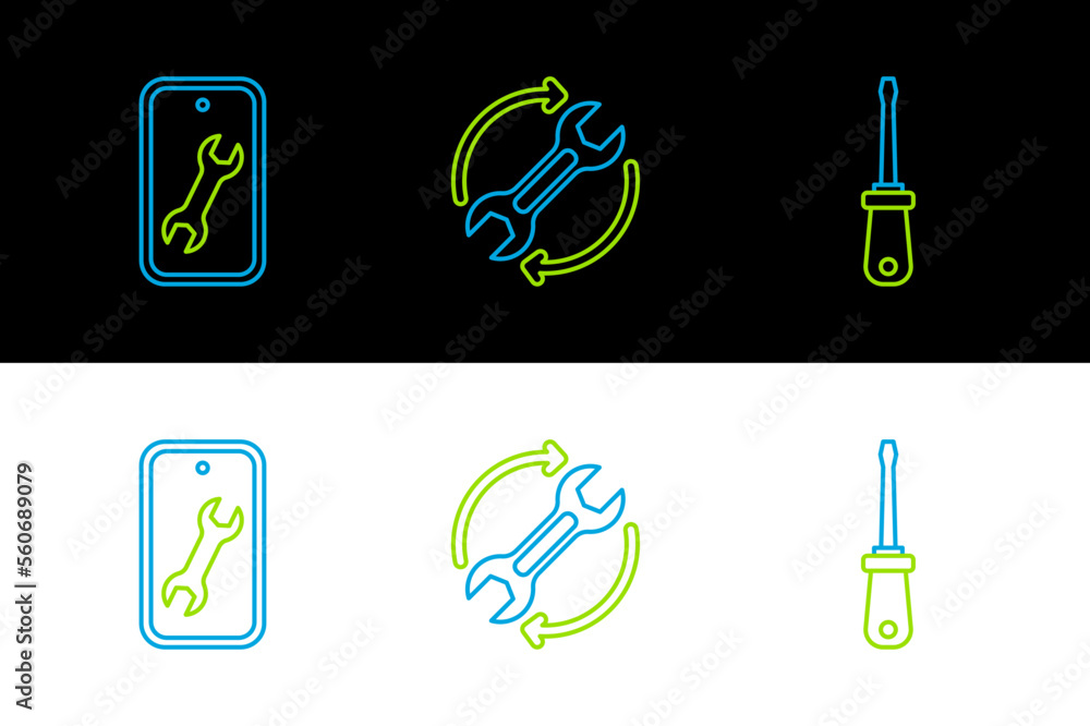 Poster set line screwdriver, mobile service and wrench and arrows as workflow icon. vector