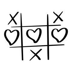 Tic tac toe doodle game with cross and circle sign, cute heart mark isolated on white background. 