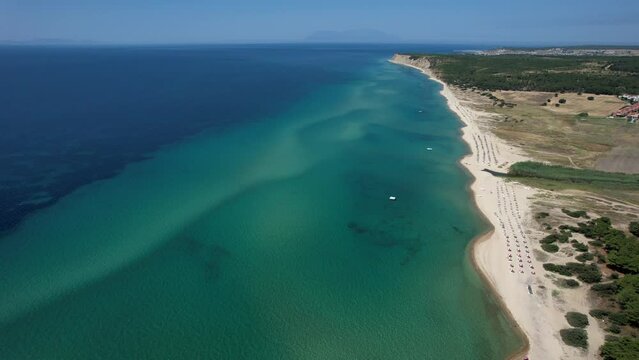 Enez Beach in Gulf of Saros (Saros Bay). Aerial view of sea. Tropical landscape with clear turquoise water. 
