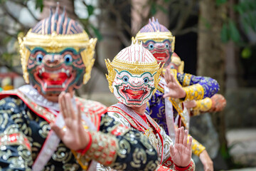 The performance of Thai traditional drama story Khon epic, Ramakien or Ramayana with Hanuman (white monkey) and others.