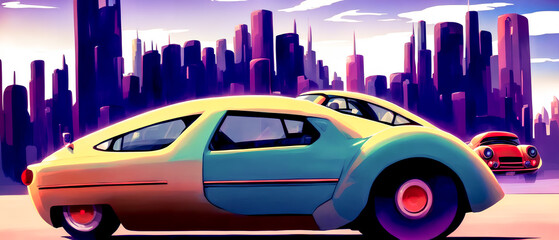 An intricately detailed car navigates through a bustling, futuristic metropolis, surrounded by towering skyscrapers and a dynamic skyline. Generative AI