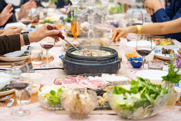 Sukiyaki Premium and Luxury Dinner Set for Celebration with special VIP guests. They have the raw material, beef, pork, chicken, egg, tofu, vegetable, shrimp, shell, squid.
