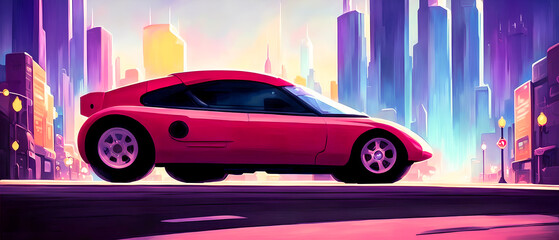 An intricately detailed car navigates through a bustling, futuristic metropolis, surrounded by towering skyscrapers and a dynamic skyline. Generative AI