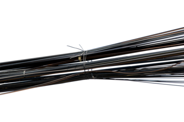 Several black wires tied together isolated on white background.Electronic Connector.Selection focus.