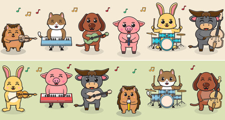 Cartoon Domestic animal play music band. Cat, Dog, Pig, Rabbit, Buffalo and Hedgehog. Illustration set with different animals. Animals playing music instruments. 