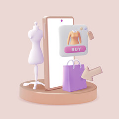 Online shopping concept. Realistic 3d vector illustration. Fashion on internet, Design element for web or banner design. Virtual clothing and fashion in metaverse