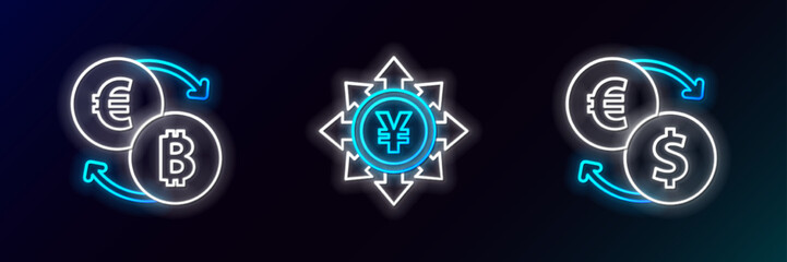 Obraz premium Set line Money exchange, Cryptocurrency and Coin money with Yen icon. Glowing neon. Vector