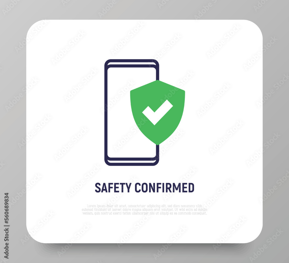 Aufkleber safety confirmed: smartphone is protected by shield with check mark. thin line icon. modern vector i