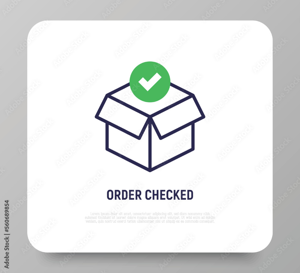 Poster order checked: open package with check mark. thin line icon. modern vector illustration for delivery
