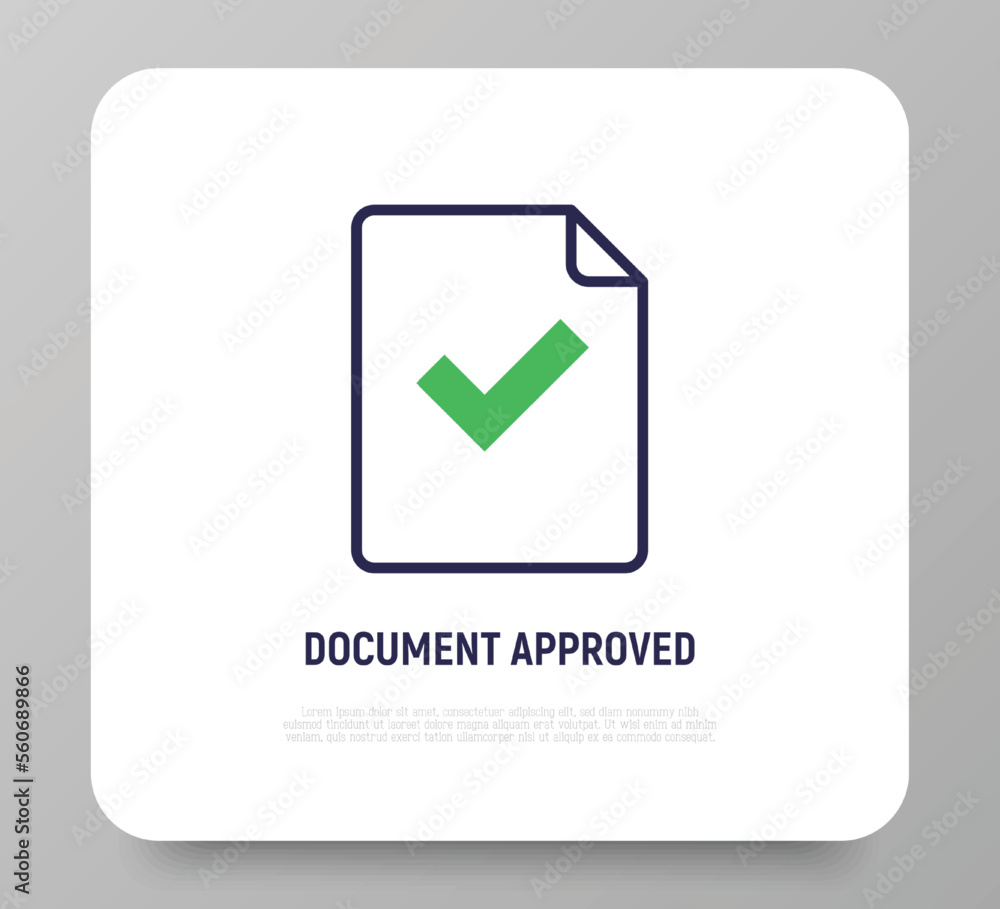 Poster document approved thin line icon: paper sheet with check mark. modern vector illustration.