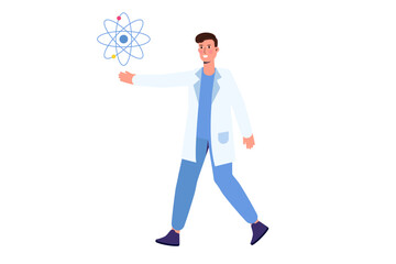 Man scientists showing atomic model. Vector illustration.