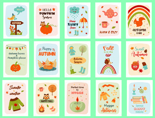 Big set of autumn greeting cards. Cozy quotes and cute things. Print as a card or a cozy poster.