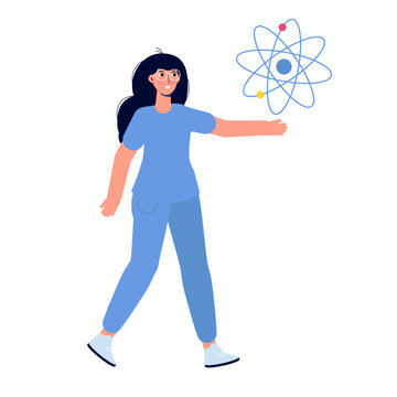 Woman scientists showing atomic model. Vector illustration.