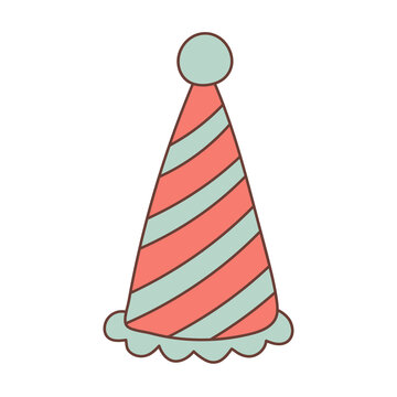 Party hat in doodle style. Conical birthday striped hat with bubo.