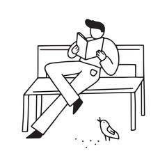 Hand drawn line doodle style man sitting  on the bench in the park and reading a book, isolated vector illustration