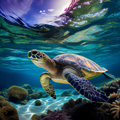 Fototapeta premium Beautiful Green Sea Turtle Swimming in Tropical Island Reef. Generative Ai