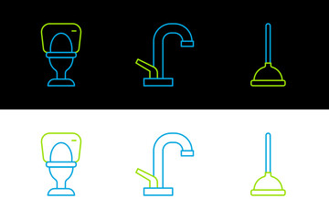 Set line Rubber plunger, Toilet bowl and Water tap icon. Vector