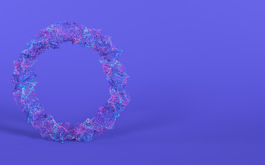 3d render of abstract art 3d background with surreal motion moving festive wavy party balls sphere particles liquid substance in blue purple yellow gradient color	