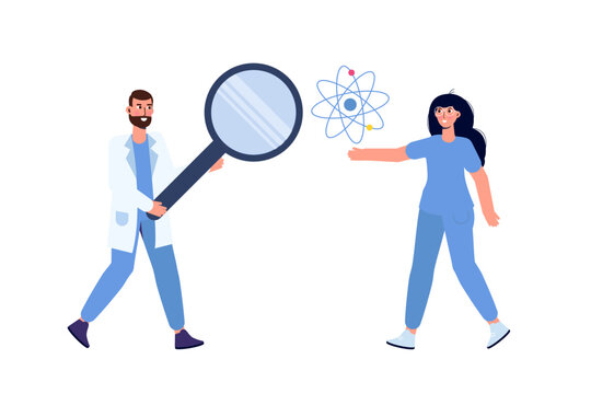 Woman scientists showing atomic model. Vector illustration.