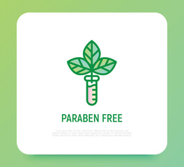 Paraben free sign. Thin line icon with leaf in test tube. Symbol for beauty product. Modern vector illustration.