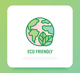 Eco friendly symbol for packaging. Thin line icon with Earth and leaf. Modern vector illustration.