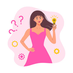 Woman with light bulb find good idea. Solution of the problem, Brainstorming, Inspiration concept.