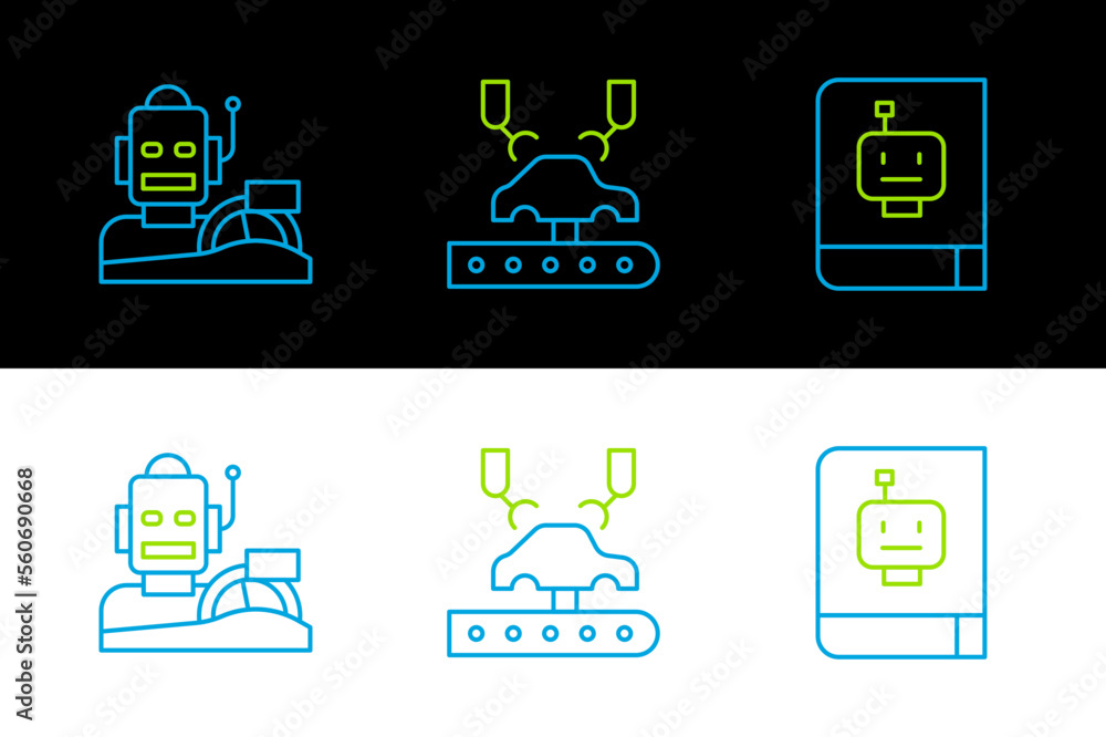 Poster set line user manual, robot humanoid driving car and robotic robot arm on factory icon. vector