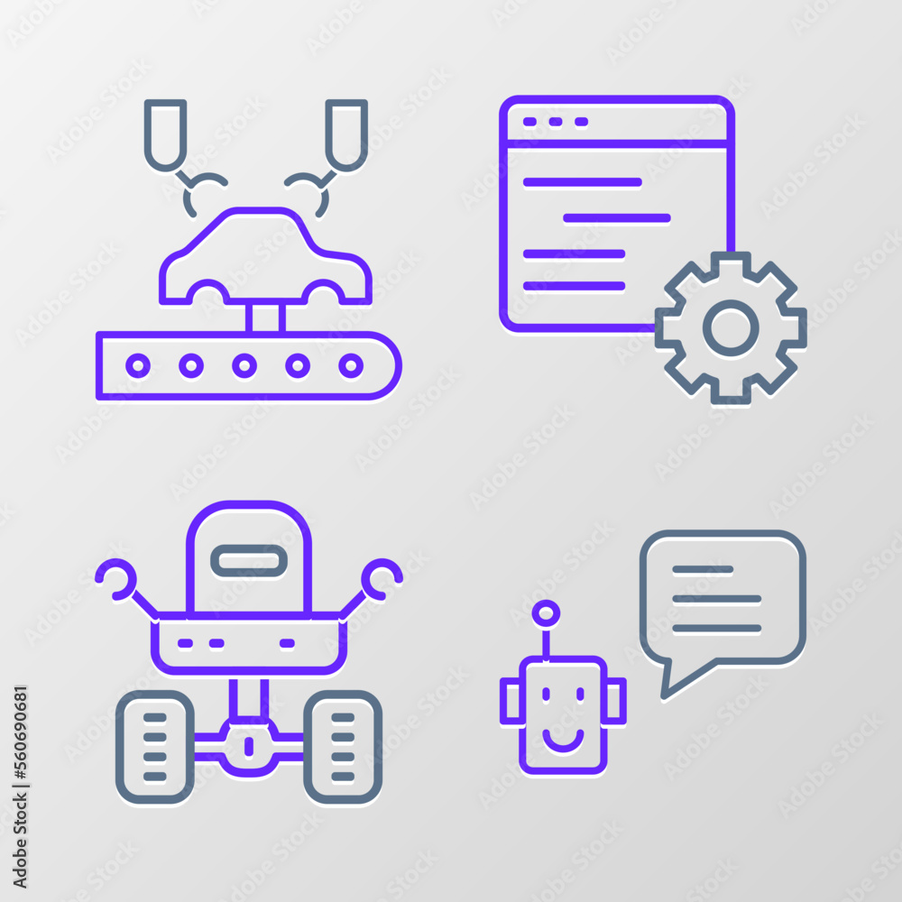 Poster set line bot, mars rover, computer api interface and robotic robot arm on factory icon. vector