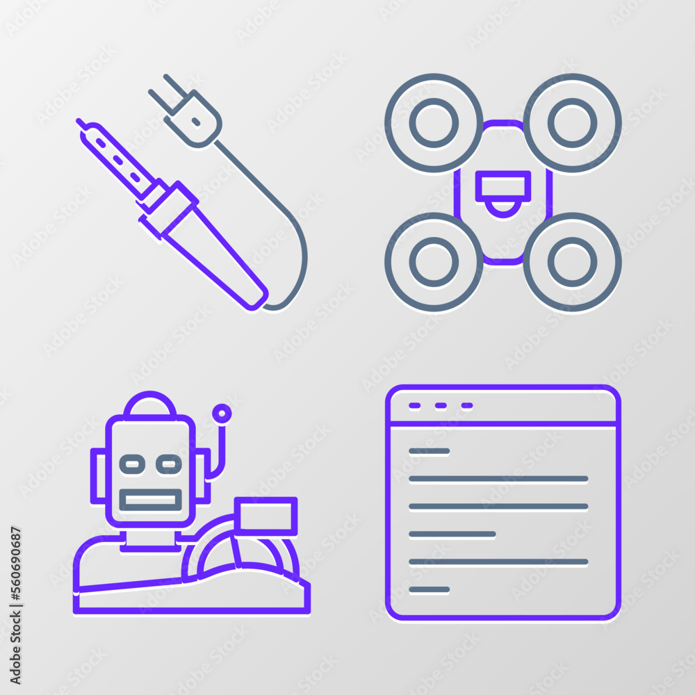 Poster set line computer api interface, robot humanoid driving car, drone and soldering iron icon. vector