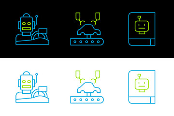 Set line User manual, Robot humanoid driving car and Robotic robot arm on factory icon. Vector