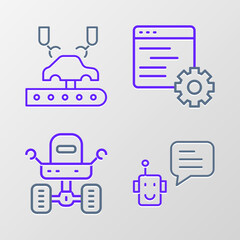Set line Bot, Mars rover, Computer api interface and Robotic robot arm on factory icon. Vector