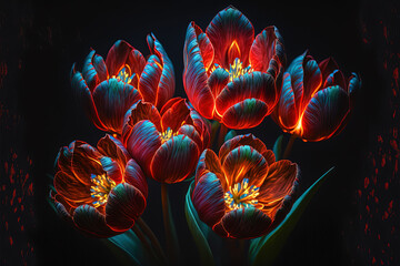 red tulips on black background. Generative AI picture.