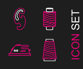 Set line Sewing thread on spool, Electric iron, and French curves icon. Vector