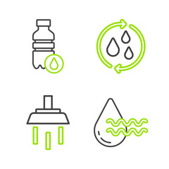 Set line Recycle clean aqua, Shower, and Bottle of water icon. Vector