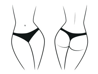 Silhouette of a female figure in thong panties - front and back view. Vector illustration isolated on white background - obrazy, fototapety, plakaty