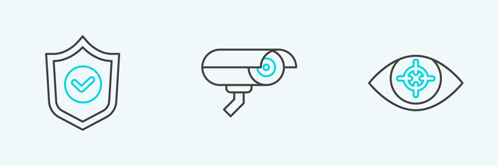Set line Eye scan, Shield with check mark and Security camera icon. Vector