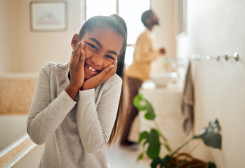 Skincare, family and portrait of girl in bathroom with dad for morning routine, hygiene and...