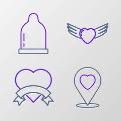 Set line Location with heart, Heart, wings and Condom icon. Vector