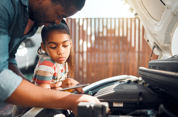 Father, tablet and child learning about car problem with diagnostic software for mechanic repair....