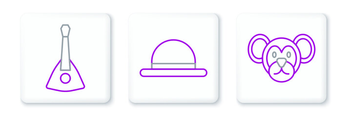 Set line Monkey, Balalaika and Clown hat icon. Vector