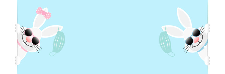 2 Weiße Osterhasen Mädchen & Junge Maske Am Ohr Sonnenbrille Banner Innen Himmel